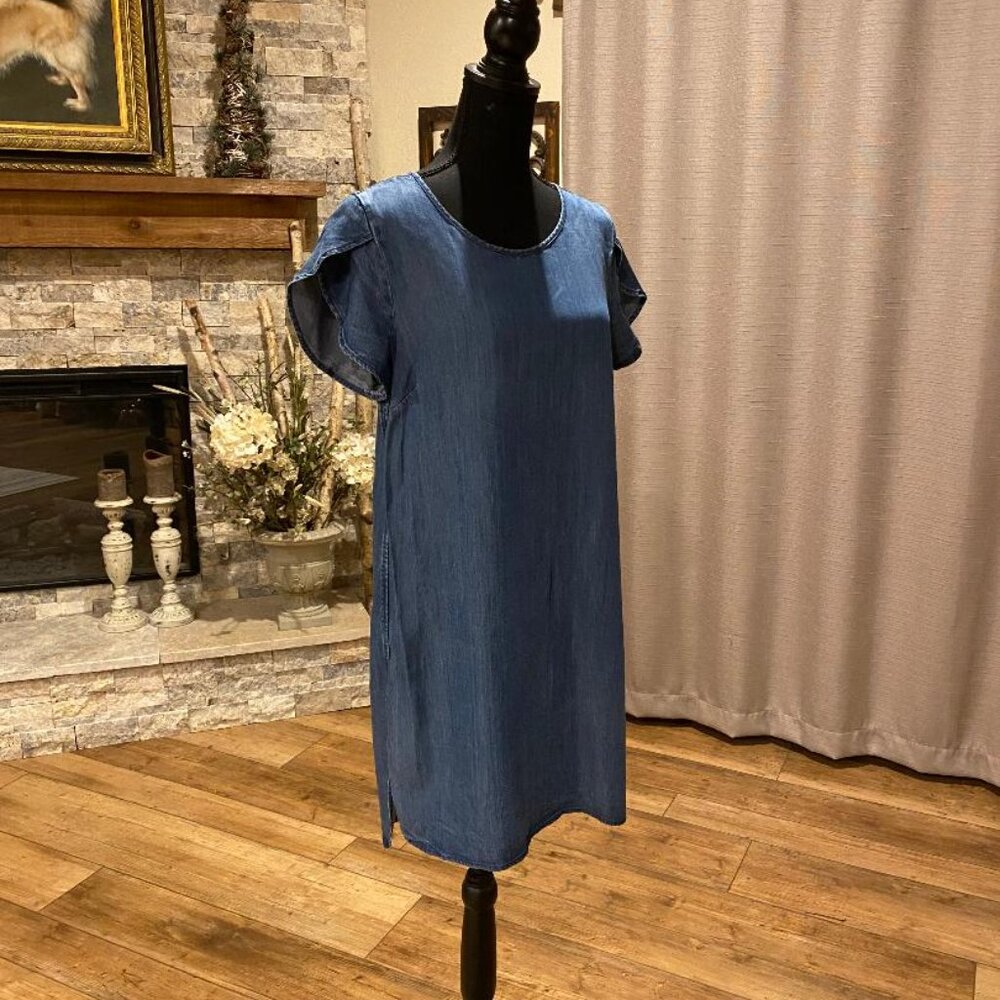 CREMIEUX Womens Size M Blue Chambray Short Sleeve Tulip Sleeve Shift Dress
